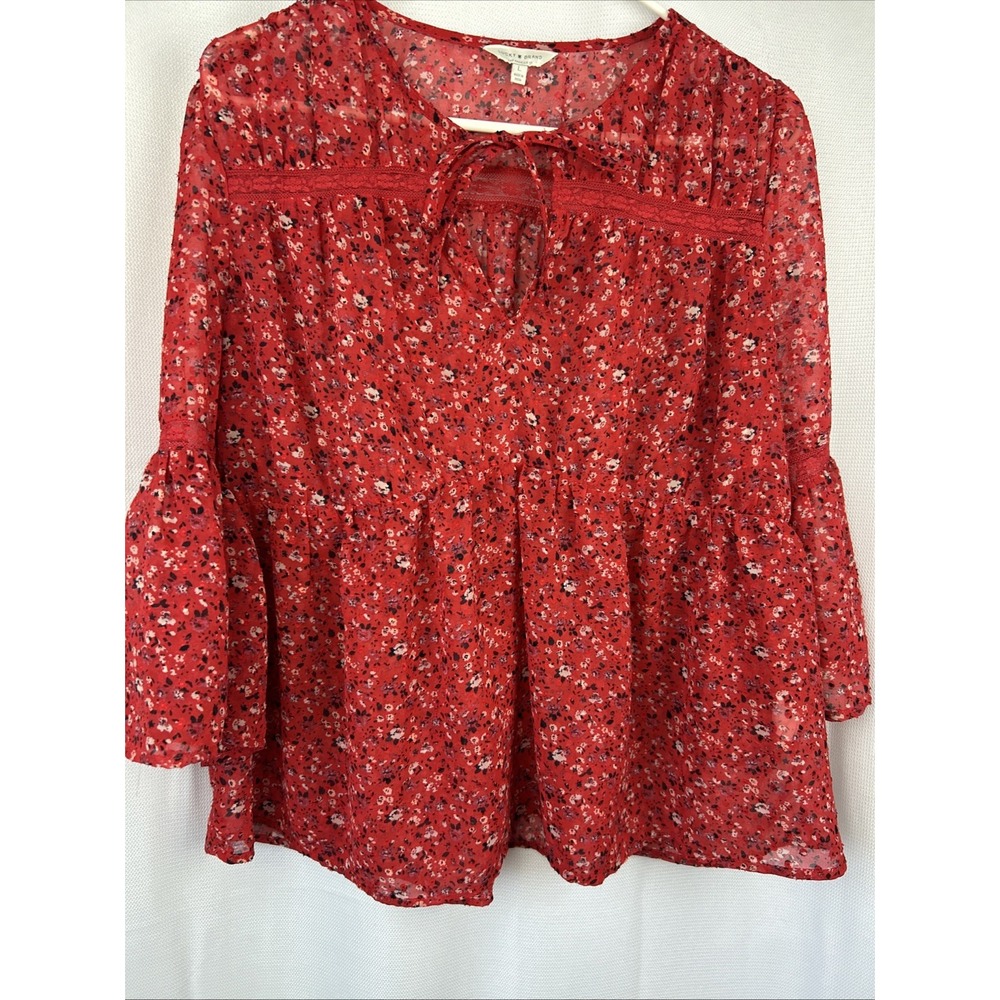 Lucky Brand Top L Red Lace Trim Floral Boho Blouse Bell Sleeve Romantic Fairy - Picture 4 of 7